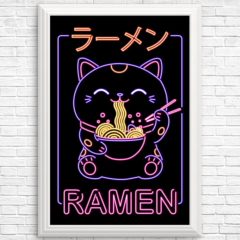 Vibrant Neon Neko Ramen Wall Posters and Art Prints