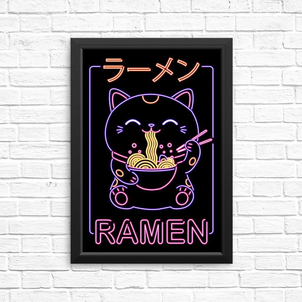 Vibrant Neon Neko Ramen Wall Posters and Art Prints